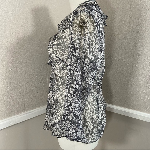 Floral Black White Silk See Through Sheer Long Sleeve Blouse Top Size 10 Vtg 90s - Picture 3 of 8